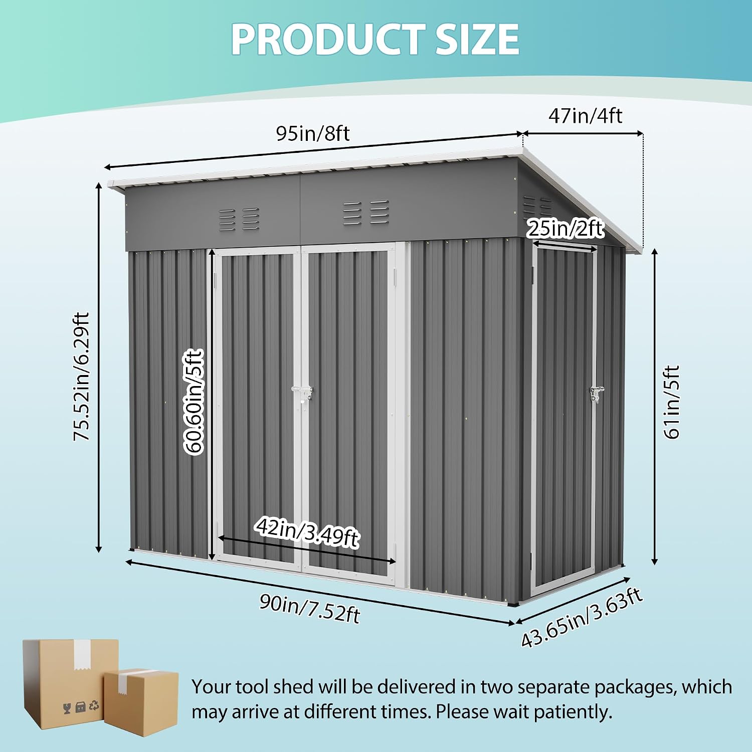 4' x 8' Metal Shed with Two Doors,Outdoor Lean to Storage Shed, Garden Tool Storage Cabinet for Backayrd, Patio and Outdoor Use,Grey