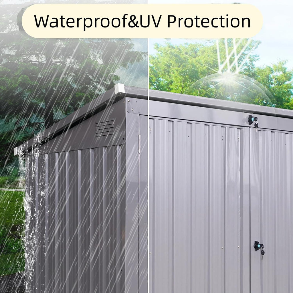 76 Cu.Ft Outdoor Trash Can Storage Shed, Metal Trash Can Storage Bin with Spring Chain Lid for Garbage Storage, Waterproof Storage Shed Stores for 2 Trash Cans, Garden Tools, Gray