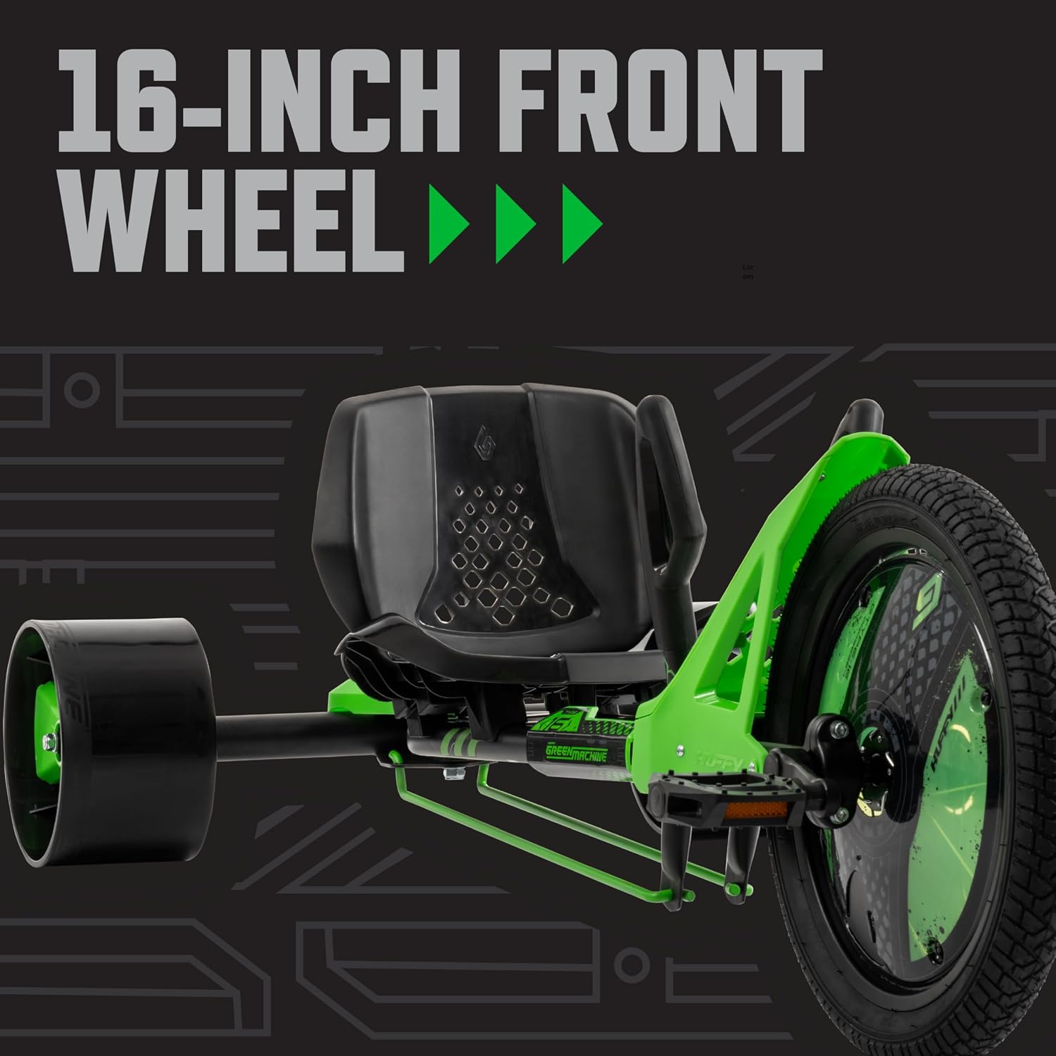 Huffy Green Machine 16 Inch Drift Trike, Sleek Ergonomic Design, Adjustable Seat, Durable Steel Frame, Easy to Operate, Drift Trike for Kids Ages 5-8, Max Weight 80lbs, Coaster Brake, Green and Black