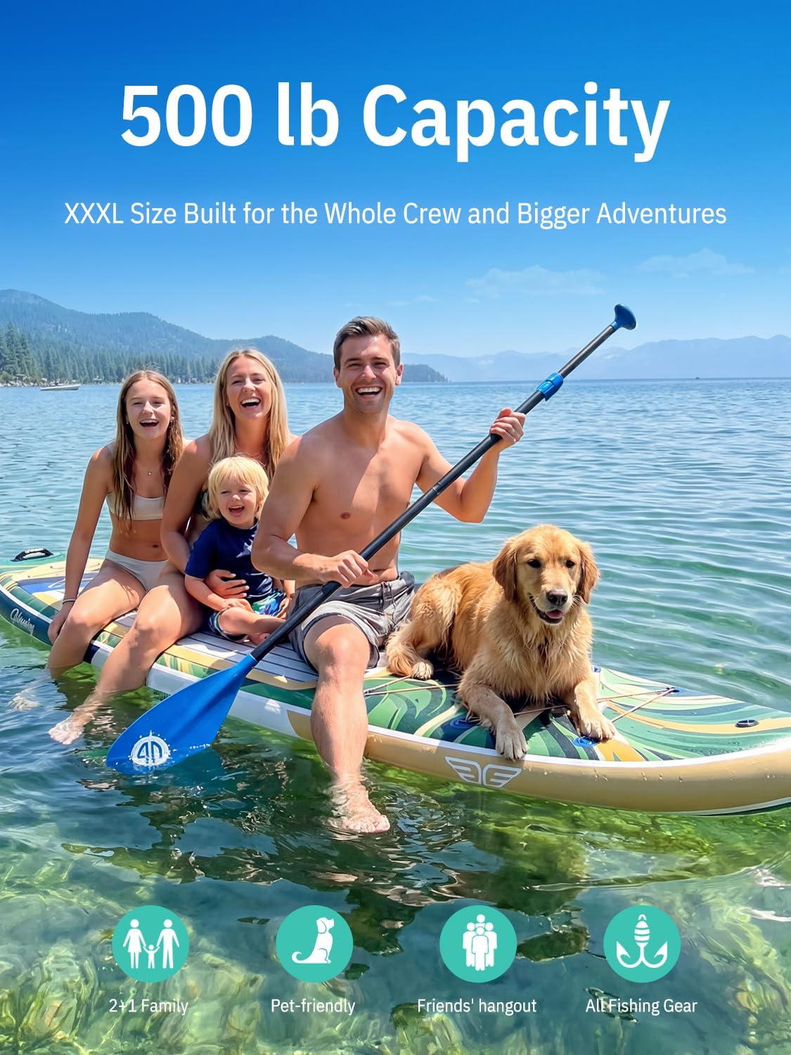 Niphean (Extra Large) Inflatable Paddle Board, SUP for 2+1 People/Family 500lbs Capacity Stand Up Paddle Board with SUP Accessories, StabilTrac Fin Non-Slip Paddleboard for Adults