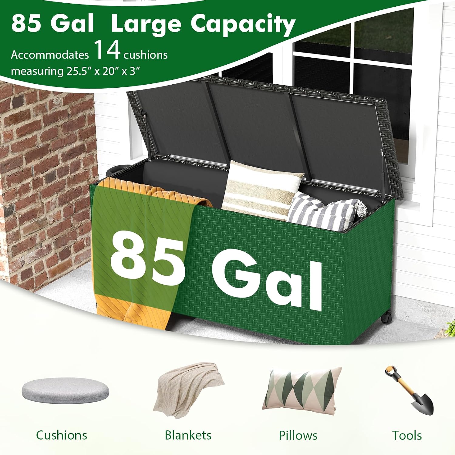 Tangkula Tightly-Woven Rattan Deck Box, Patiojoy Storage Cabinet Container with Polyester Liner, Universal Wheels & Gas Strut, 85 Gallon Indoor Outdoor Storage Box for Pillows, Cushions (Black)