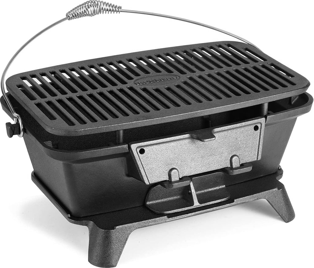 IRONMAX Large Hibachi Grill Outdoor, Portable Charcoal Grill and Tabletop Cast Iron Skillet, 100% Cast Iron, Durable, Camping Grill Grate 16.5' x 10.2' - Coal Door, Draft door