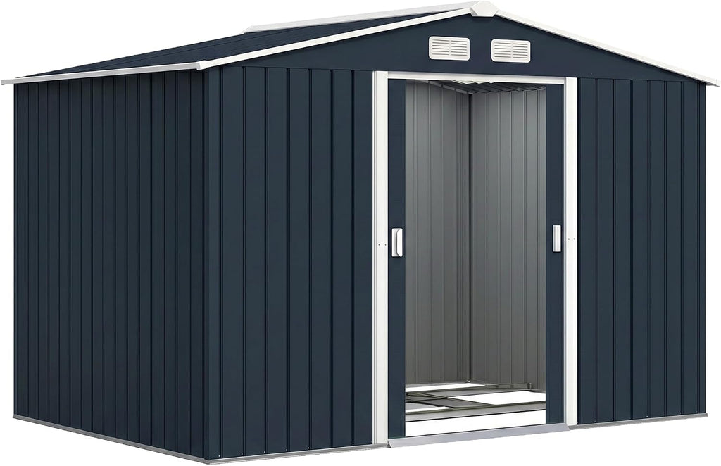 Outsunny 9' x 6' Outdoor Storage Shed, Garden Tool Metal Shed with Foundation Kit, Double Lockable Door, Air Vents and Sloping Roof, for Backyard, Patio, Lawn, Dark Gray