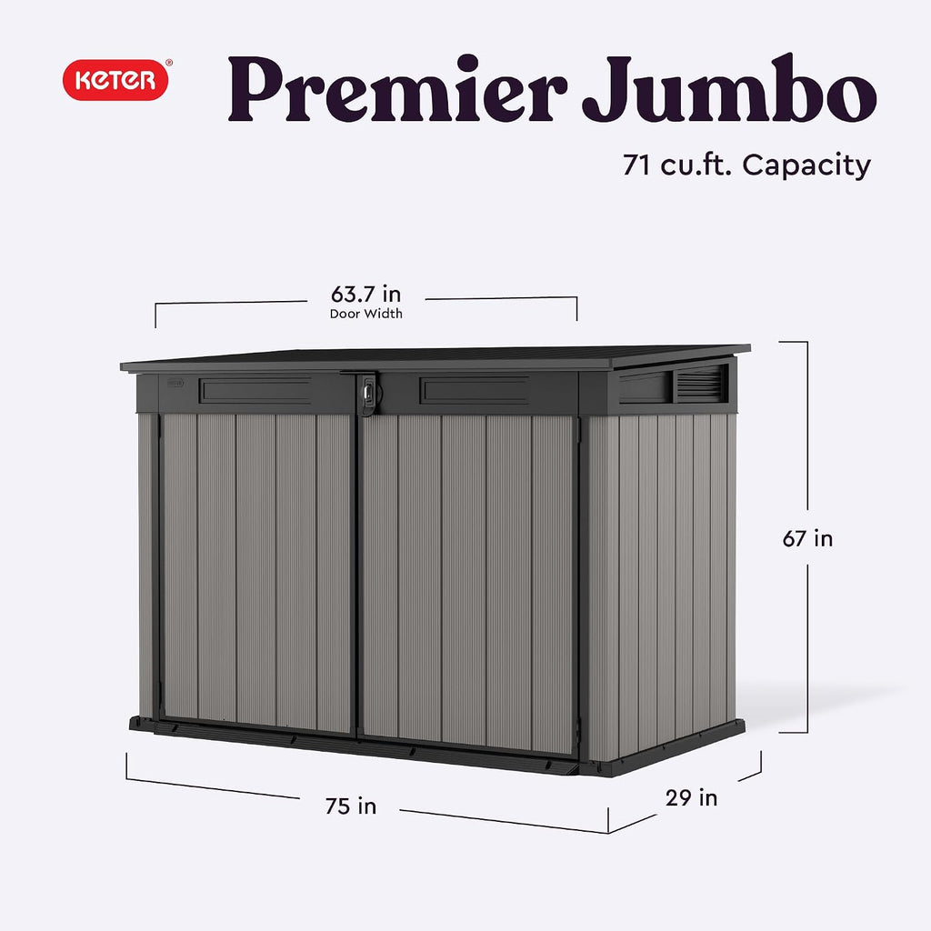 Keter Premier Jumbo 6.2 x 4.3 ft Outdoor Resin Horizontal Storage Shed for Garbage Bins, Yard Tools & Garden Equipment, All‑Weather, Lockable Outdoor Storage