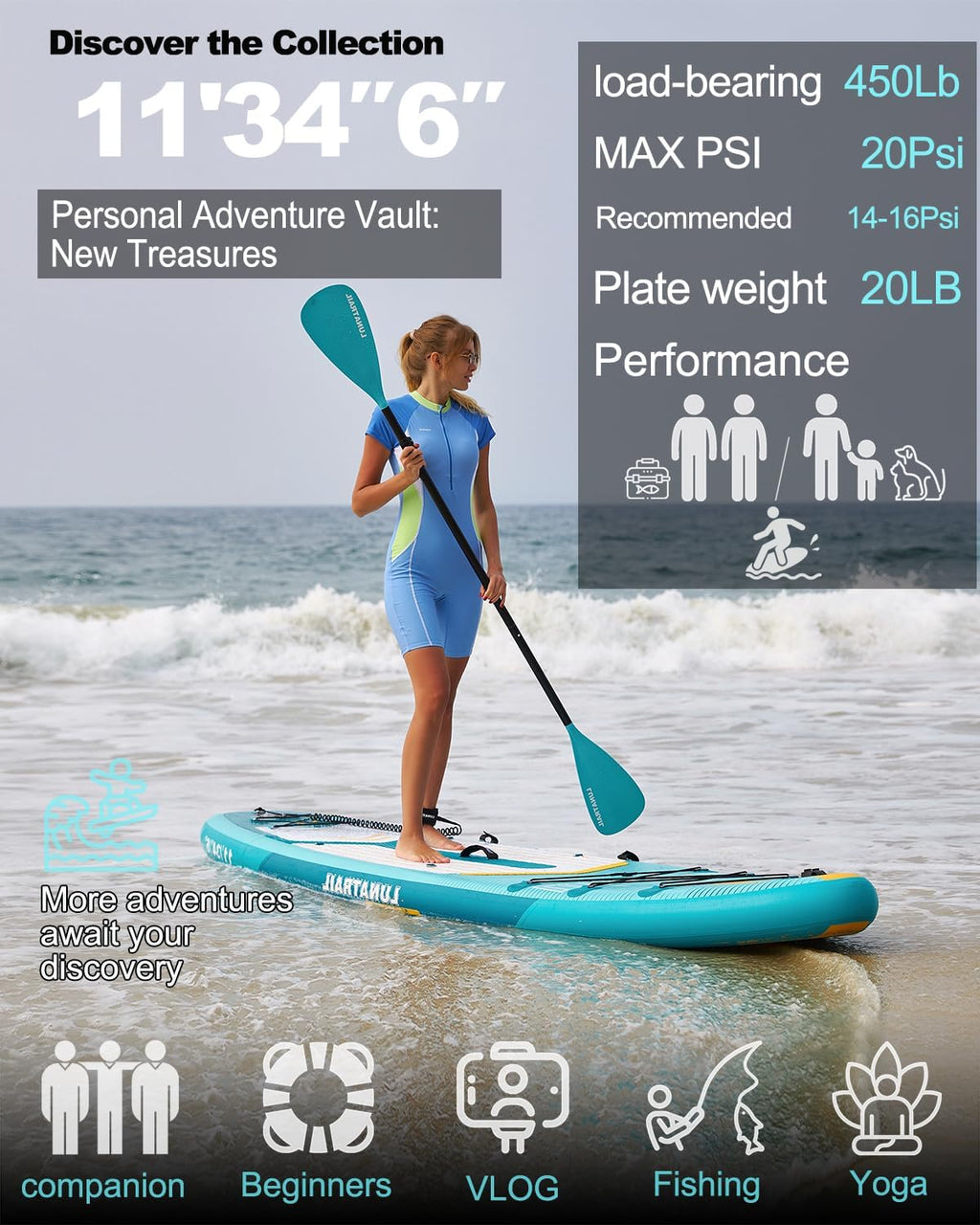 【11'×34'】 Extra Long/Extra Wide Premium Inflatable Stand Up Paddle Board (SUP) – Portable & Lightweight for Yoga, Surfing, Family Fun | Complete Kit with Paddle, Pump, Bag | Durable Design