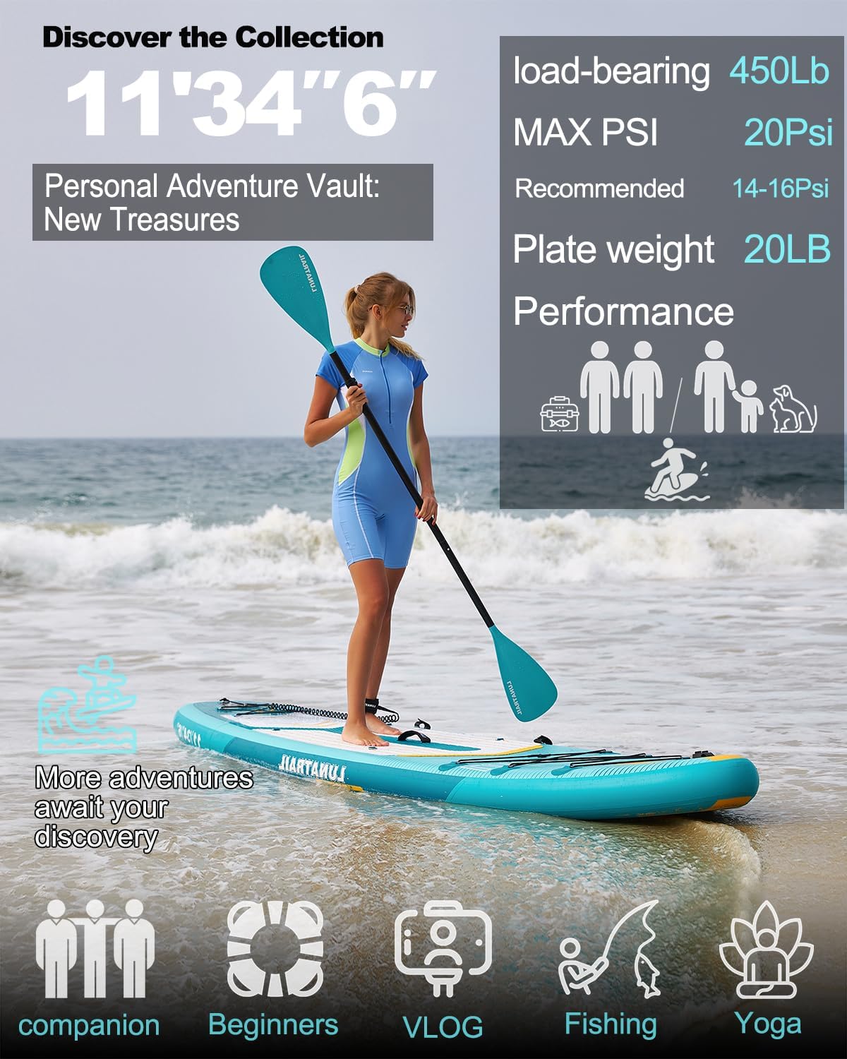 【11'×34'】 Extra Long/Extra Wide Premium Inflatable Stand Up Paddle Board (SUP) – Portable & Lightweight for Yoga, Surfing, Family Fun | Complete Kit with Paddle, Pump, Bag | Durable Design