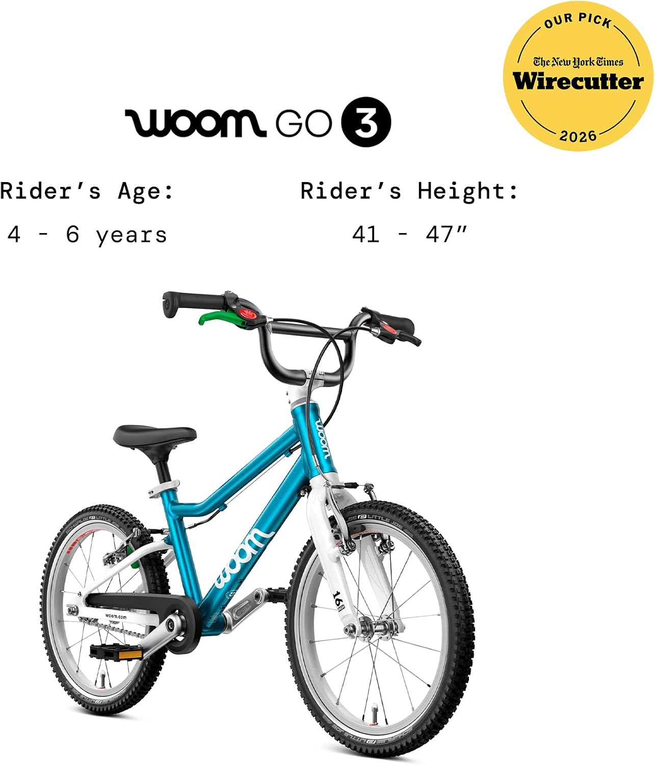 woom GO 3 / GO 3 AUTOMAGIC Kids' Bike, 16-Inch Lightweight Bicycle for Ages 4–6, Handbrakes, Steering Limiter, Chainguard, Boys & Girls