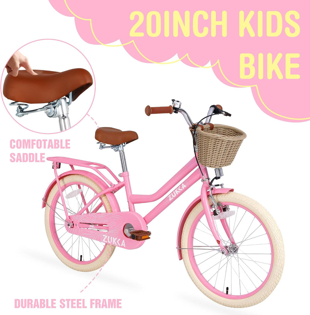 WEEROCK Girls Bike 20/24 Inch Kid Bicycle for 7 + Years Old, 20' 24' Bikes with Front Basket and Rear Rack, V and Coaster Brake for Children, Student Multiple Colors