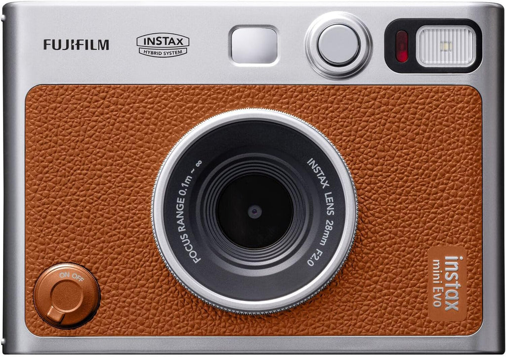 FUJIFILM INSTAX Mini EVO Hybrid Instant Camera + Fuji Instax Film 20 Sheet + Custom Case & Album 32GB Accessory Bundle (Brown)
