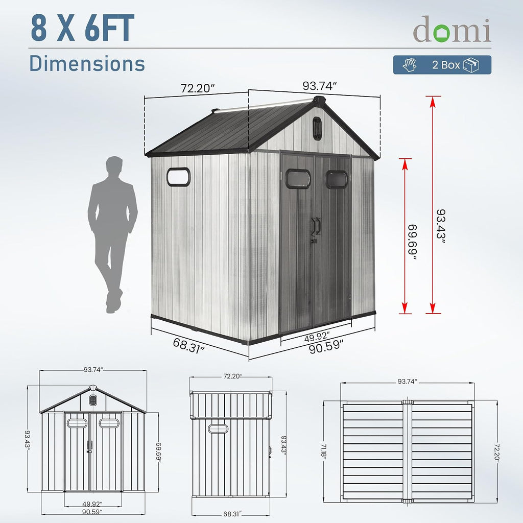 Domi 8x6 FT Outdoor Resin Storage Shed, All-Weather Double-Wall Storage Building for Backyard, Garden, Lawn Tools, Mower, Bike & Pool Equipment, Lockable Doors, Ventilated Roof, Grey