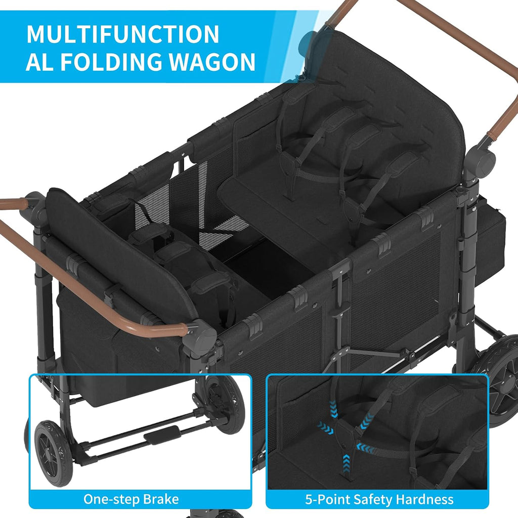 4 Seater Wagon Stroller,Foldable Stroller with Safety Belt, Puncture-Proof Tires, All-Terrain Wagon with 360° Swivel Lockable Wheels, Large Storage Bag, Canopy,51.18 * 31.5 * 43.31 in.