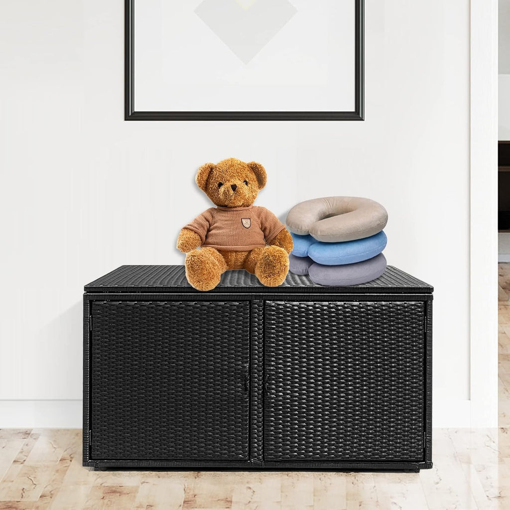 Giantex Rattan Deck Box Outdoor&Indoor 88 Gallon Wicker Storage Bench W/Separate Storage Shelf, Openable Door, Steel Fram, Tools Storage for Patio,Garden, Balcony, Porch, Yard Storage Box (Black)