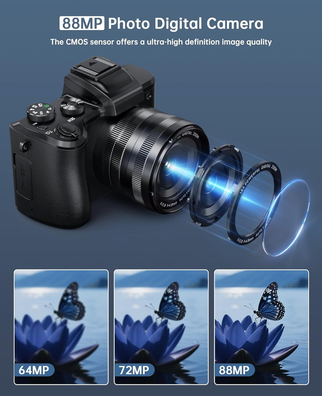 8K Digital Cameras for Photography - Autofocus 88MP WiFi Vlogging Camera for YouTube with Dual-Lens - 16X Digital Zoom Vlog Camera with Lens Hood, Flash, Touch Screen, 2 Batteries, 32GB TF Card