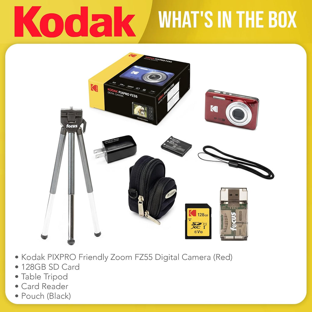 Kodak PIXPRO FZ55 Digital Camera (Red) Friendly Zoom with 128GB SD Card, Card Reader, Tripod and Pouch (5 Items)