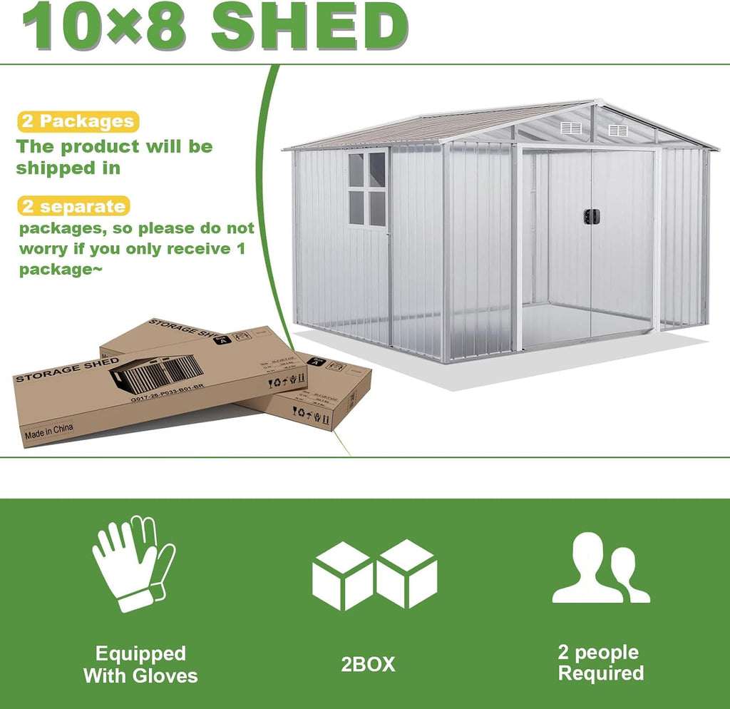 Gotland 10FT x 8FT Sheds & Outdoor Storage, Storage Shed with 1 Large Window Sloped Step, Metal Shed with 2 Lockable Slide Doors Air Vents, Outdoor Shed for Backyard Patio Lawn Brown
