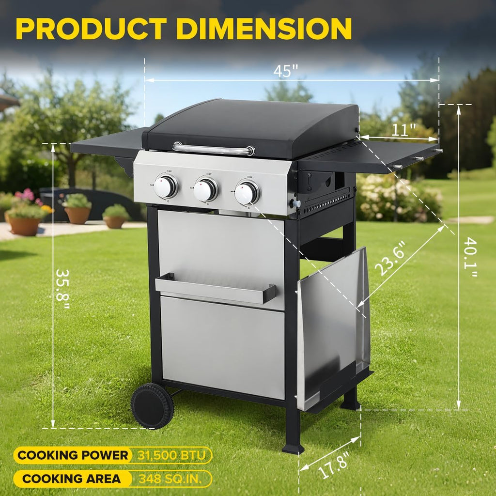 CIG GARDEN 3-Burner Propane Flat Top Grill, 31,500 BTU Stainless Steel Griddle for Outdoor BBQ - Patio, Backyard & Camping Gas Grill