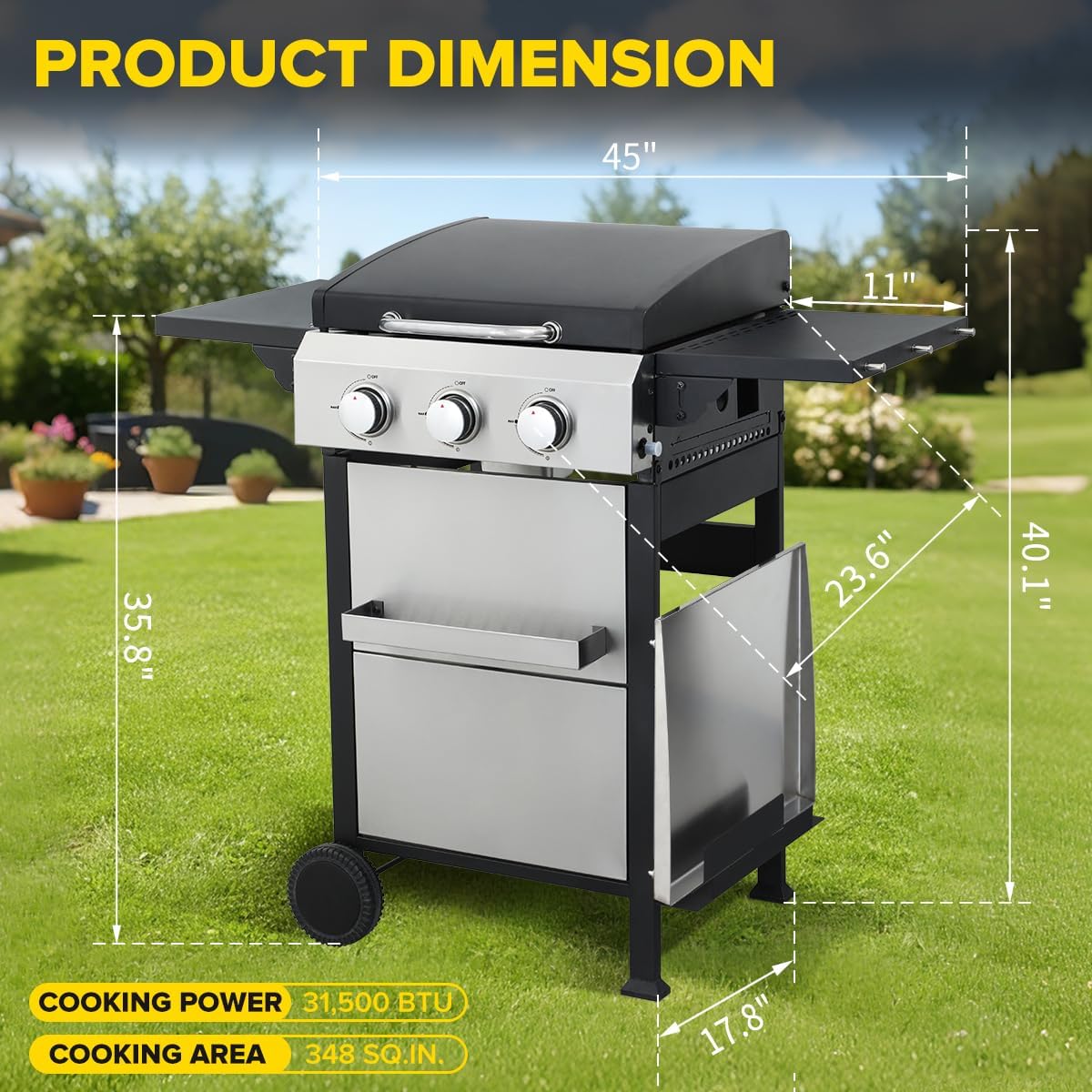 CIG GARDEN 3-Burner Propane Flat Top Grill, 31,500 BTU Stainless Steel Griddle for Outdoor BBQ - Patio, Backyard & Camping Gas Grill