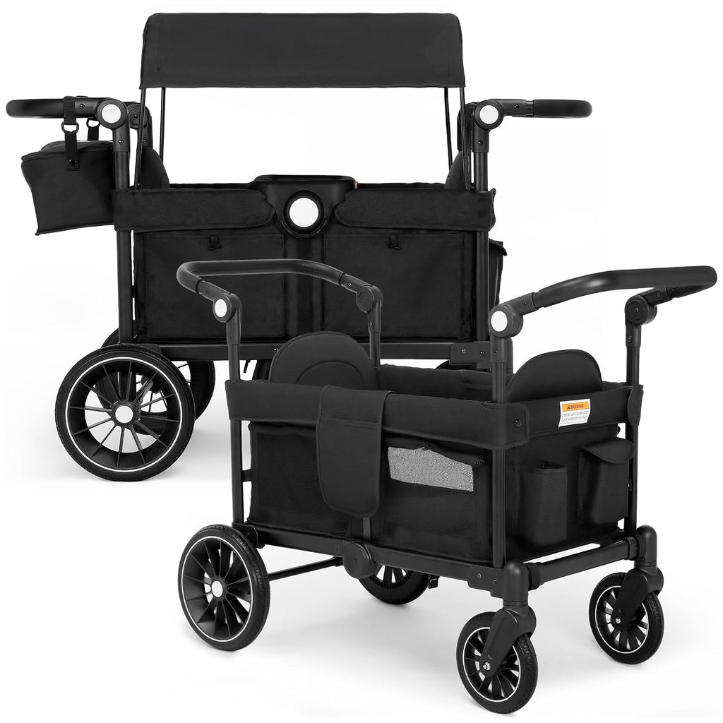TODEFULL Wagon Stroller for 2 Kids, All-Terrain Stroller Wagon, Foldable Kids Wagon Cart Featuring with Harnesses, Adjustable Double Push Handle, Removable Canopy, Snack Tray, Large Storage Bag, Black