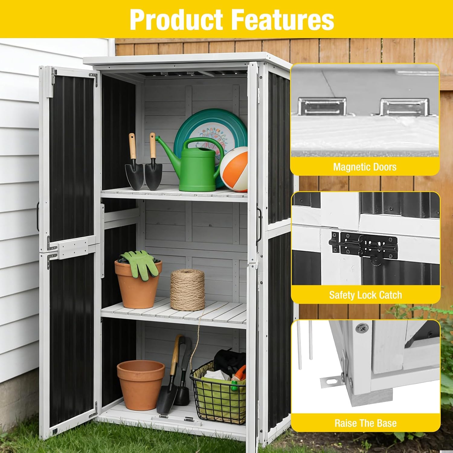 Aivituvin Outdoor Storage Shed with Wood and Metal Frame, Garden Sheds with Waterproof Plastic Roof, Adjustable Shelves and Ventilated Blinds, Garden Tool Cabinets for Outdoor (Black, Plastic)