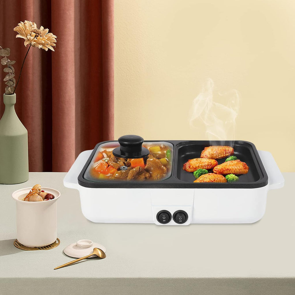 2 in 1 Electric Hot Pot & Grill, 1200W Multifunction Smokeless Korean BBQ, Nonstick Frying Pan & Hot Pot, Perfect for Indoor/Outdoor Parties, 110V, White