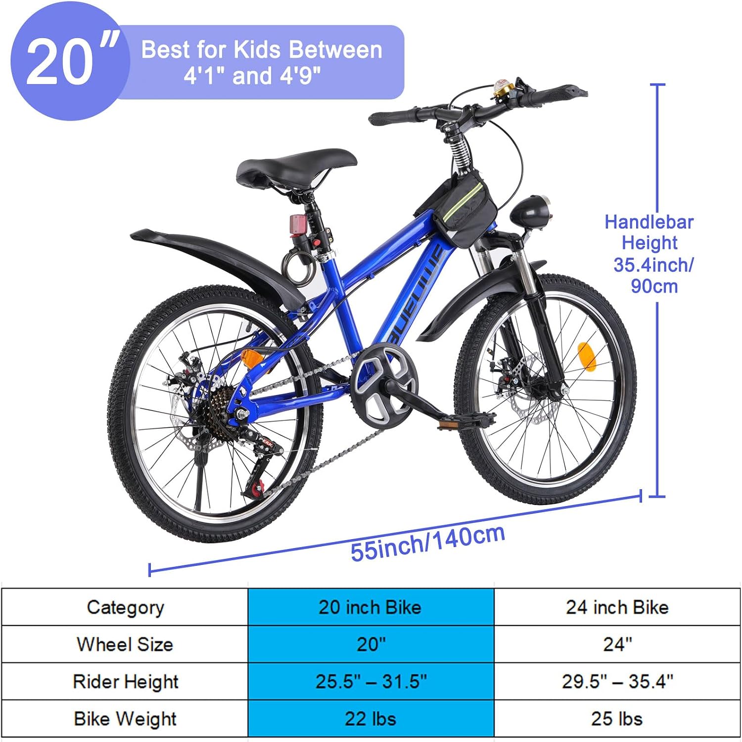 Kids Bike for Boys & Girls Ages 7–12, 20/24 Inch Mountain Bicycle with 7-Speed Gear, Dual Disc Brakes, Suspension Fork, LED Headlight – Youth Bike for Outdoor Riding