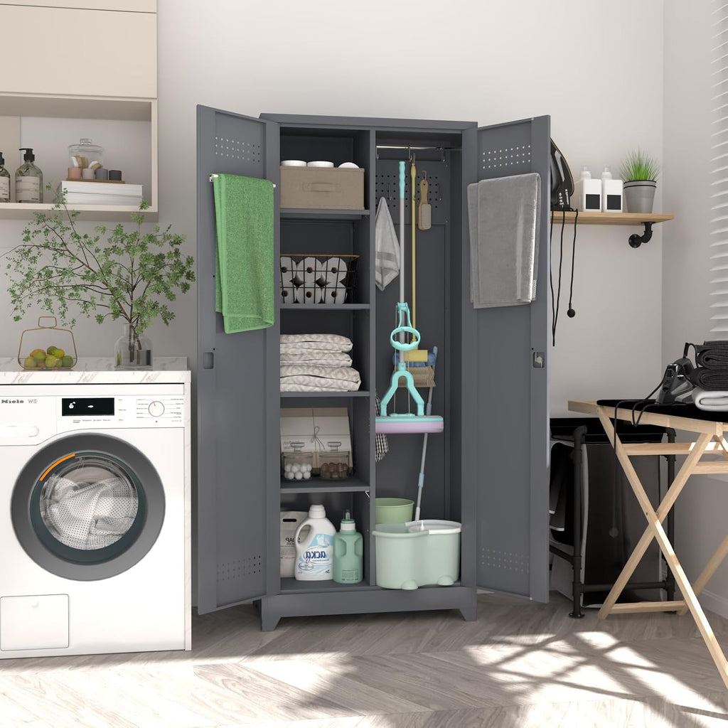 IRONFFICE Metal Garage Storage Cabinets,Metal Broom Closet Storage Cabinet,Utility Cabinets for Brooms and Mops,Steel Tall Cabinet with Shelves for Laundry Room,Bathroom,Home,Grey