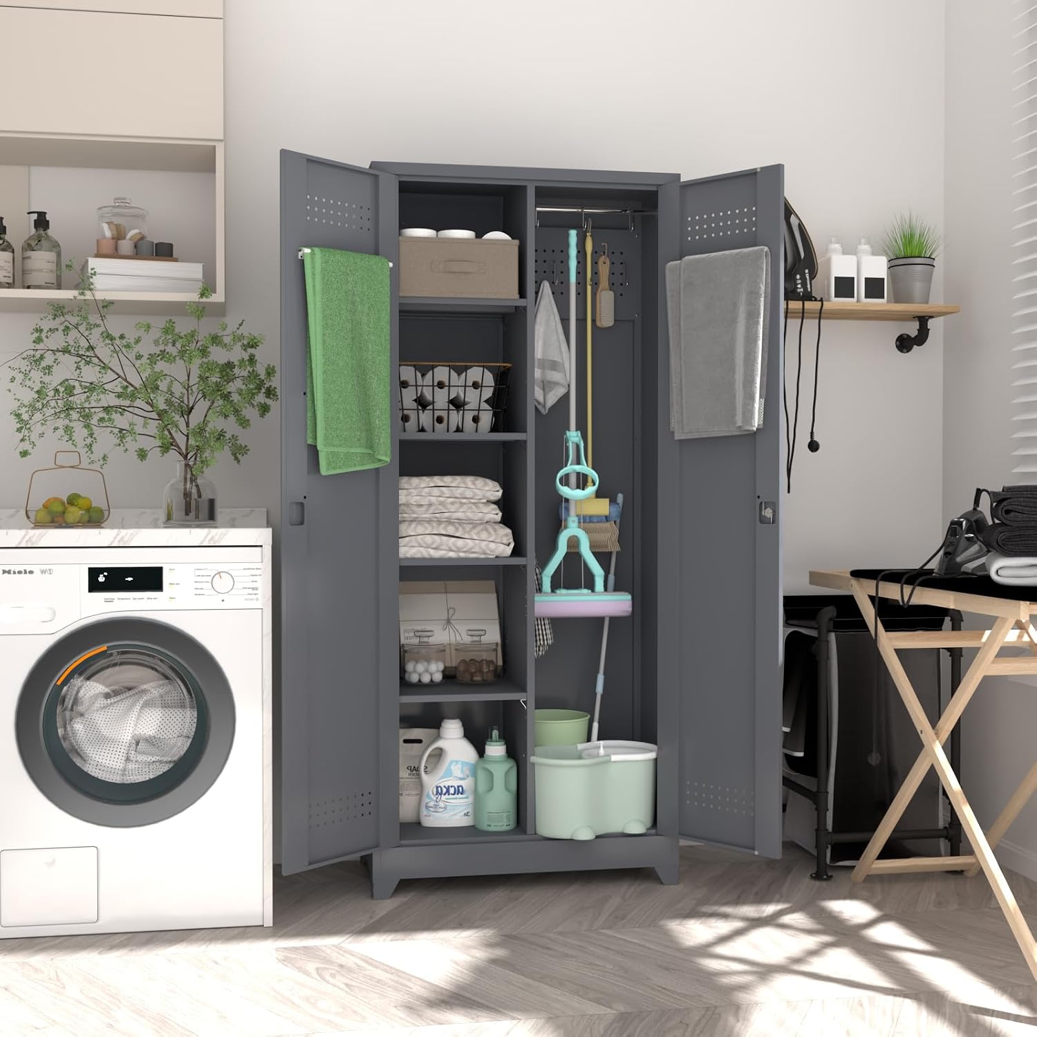 IRONFFICE Metal Garage Storage Cabinets,Metal Broom Closet Storage Cabinet,Utility Cabinets for Brooms and Mops,Steel Tall Cabinet with Shelves for Laundry Room,Bathroom,Home,Grey