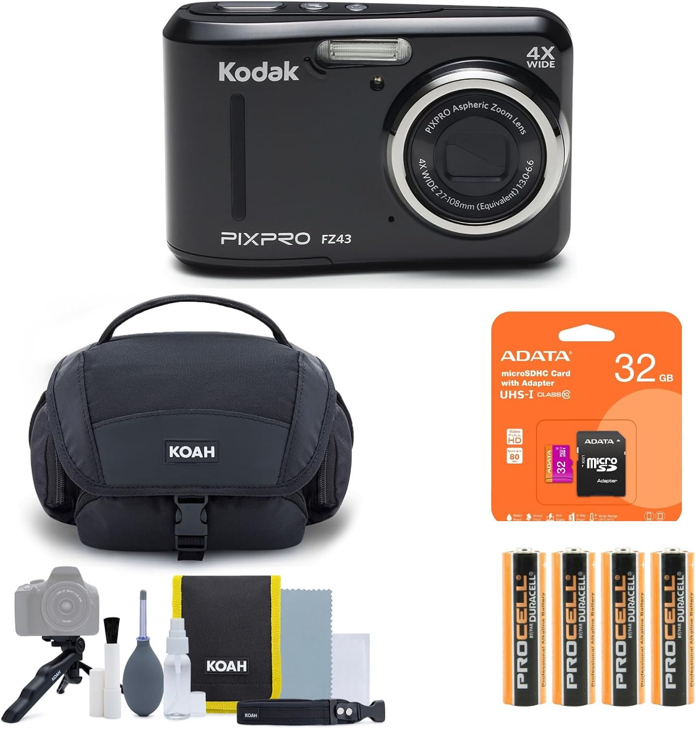 Kodak PIXPRO FZ45 Friendly Zoom Digital Camera (Black) Bundle with Photography Cleaning Kit, Camera Case, 32GB Memory Card and High-Performance Ultra Alkaline AA Batteries (20-Pack) (8 Items)