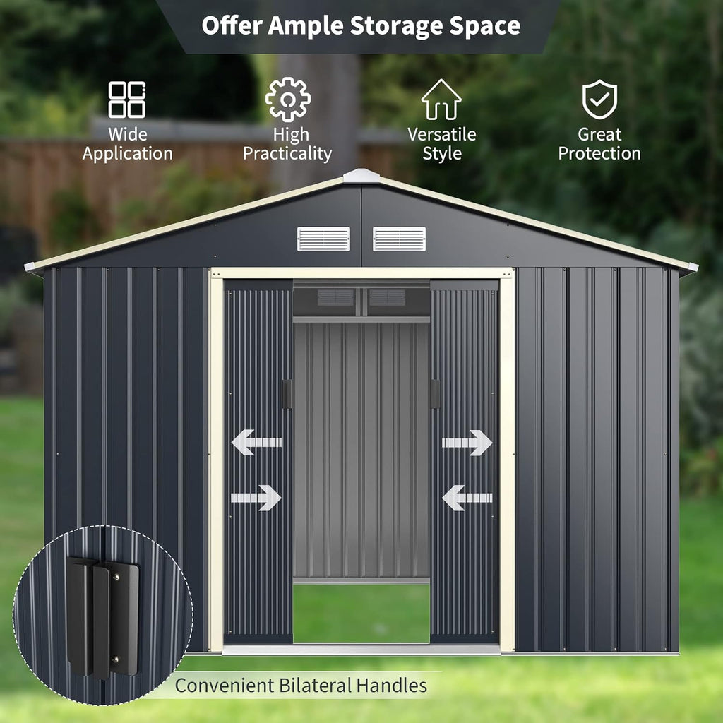 Goplus Storage Shed, Metal 9' X 8' Outdoor Building Organizer with 4 Vents & Double Sliding Door for Garden Backyard Farm (9'X8')