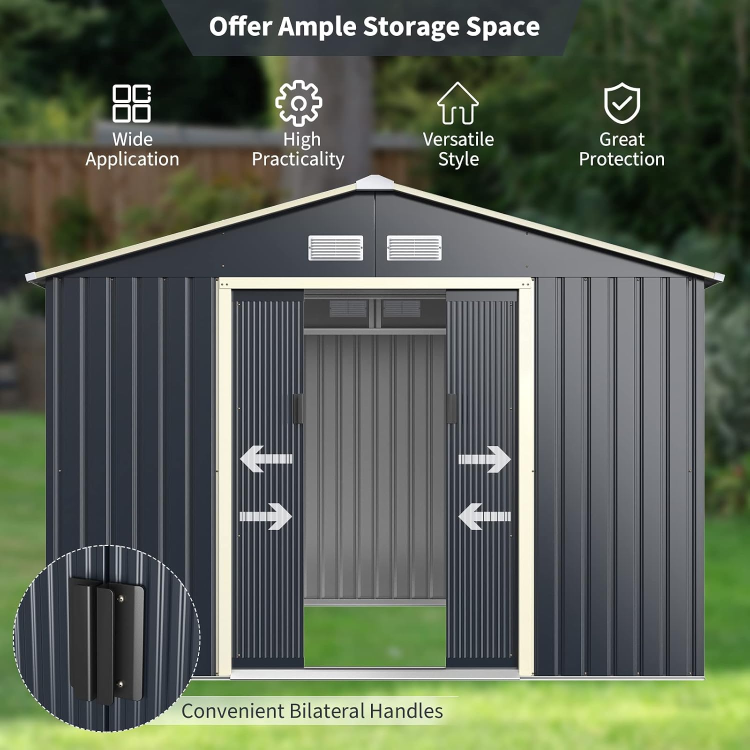 Goplus Storage Shed, Metal 9' X 8' Outdoor Building Organizer with 4 Vents & Double Sliding Door for Garden Backyard Farm (9'X8')