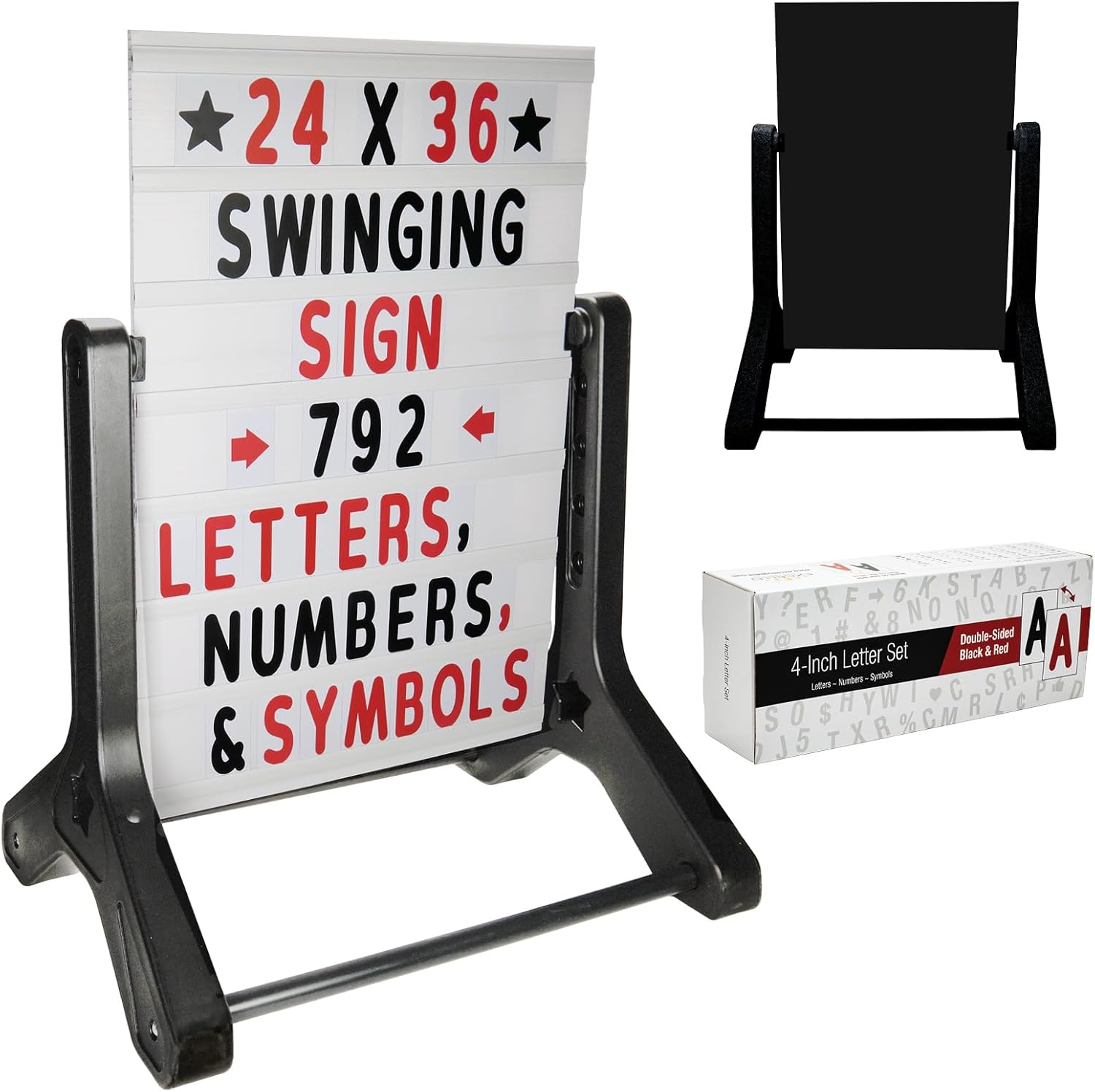 Swinging Changeable Message Sidewalk Sign: 24' x 36' Sign with 792 Pre-Cut Double Sided Letters and Storage Box. Includes Black Board & Letter Board (Black Color Legs)