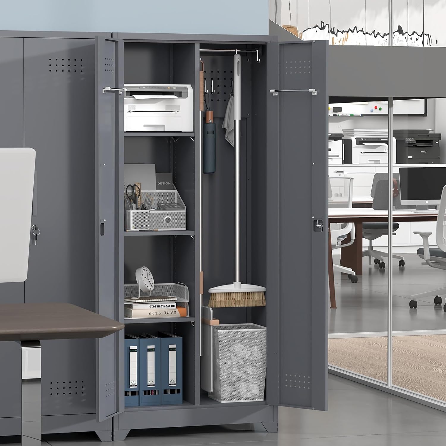 IRONFFICE Tall Storage Cabinet with Doors,Metal Garage Cabinet and Storage,Lockable Utility Closet Cabinets with Pegboard for Basement,Laundry Room,Grey