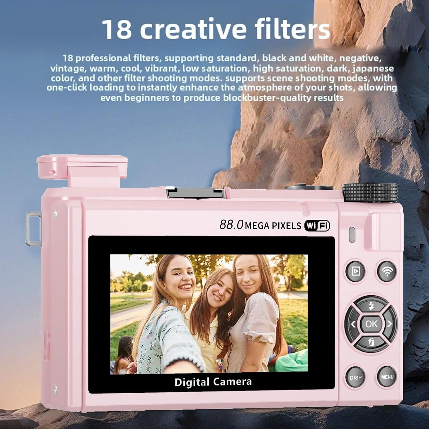 PUSOKEI 8K Digital Camera for Photography, 88MP Vlogging Camera with 3' 180 Flip Screen, 18X Zoom, Autofocus, Wide Angle Lens, WiFi Mirrorless Cameras with 32GB Card, 2 Batteries (Pink)
