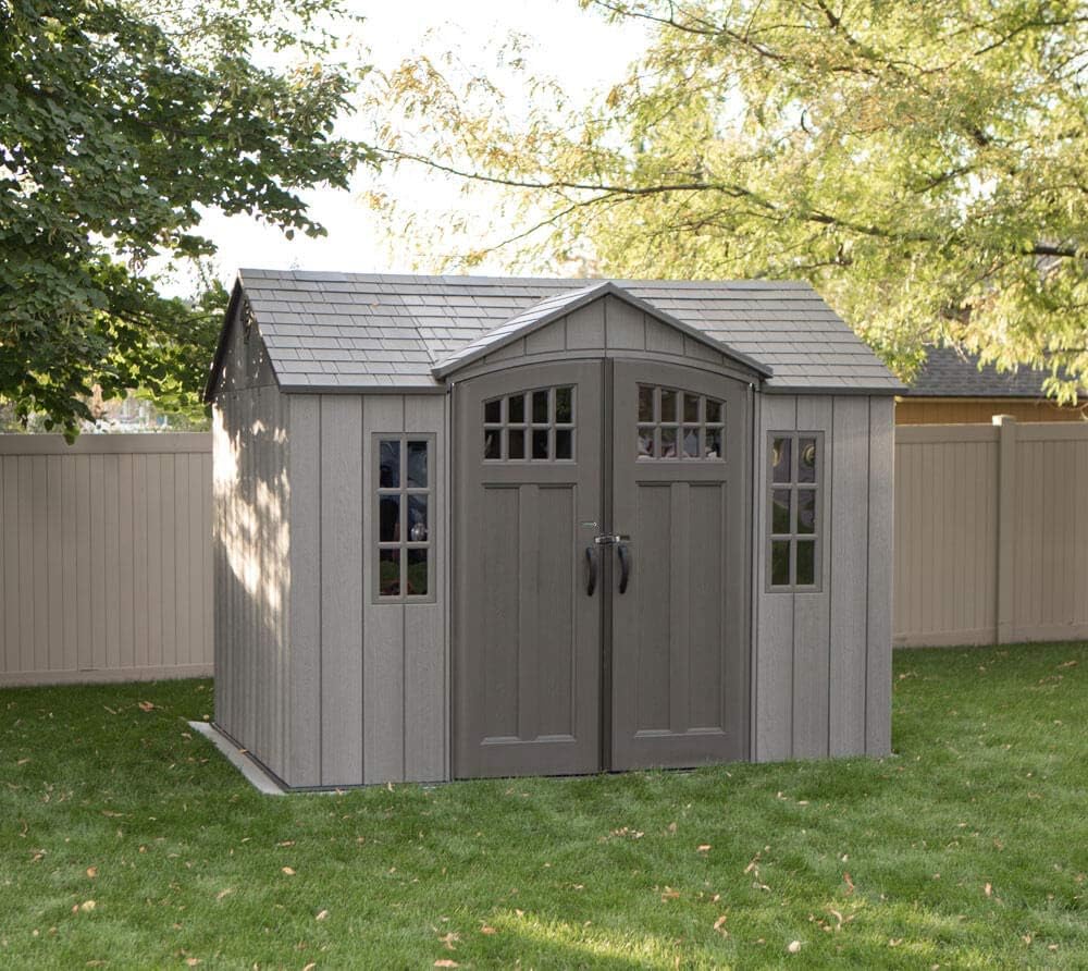 Lifetime 10 ft x 8 ft Outdoor Storage Shed – Heavy-Duty Resin Backyard Shed with Skylights, Windows, Steel-Reinforced Textured Walls