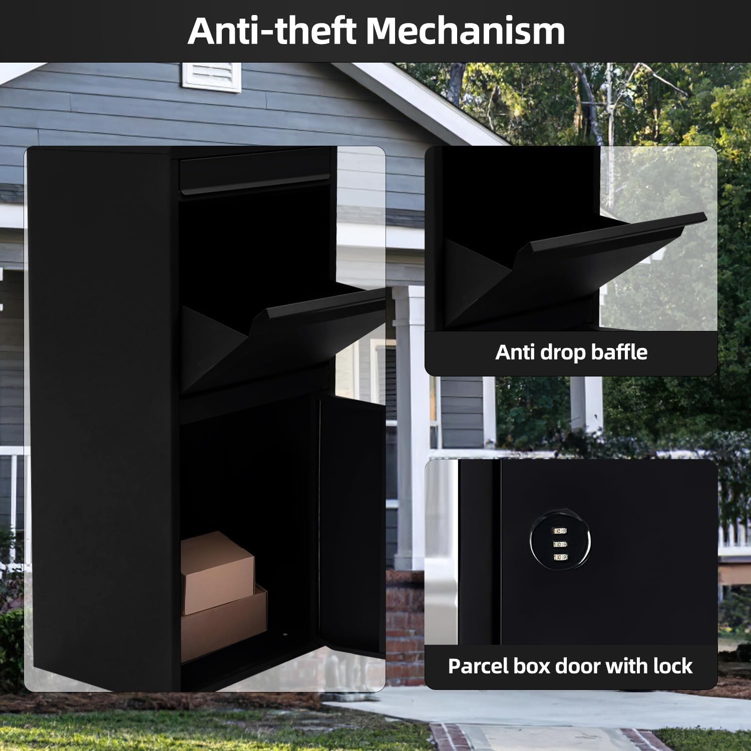Black Mailboxes for Outside, Anti-Theft Galvanized Steel Large Package Delivery Boxes with Safety Lock, Adjustable Baffle Parcel Drop Box,Windproof and Rainproof Packages Box for front Porch