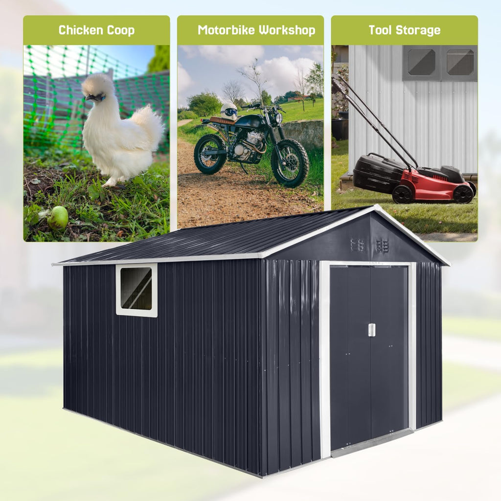 9' x 10.5' XL Outdoor Storage Shed, Sturdy Metal Building w/Windows & Lockable Doors for Garden, Backyard, Poolside and Lawn, Anthracite