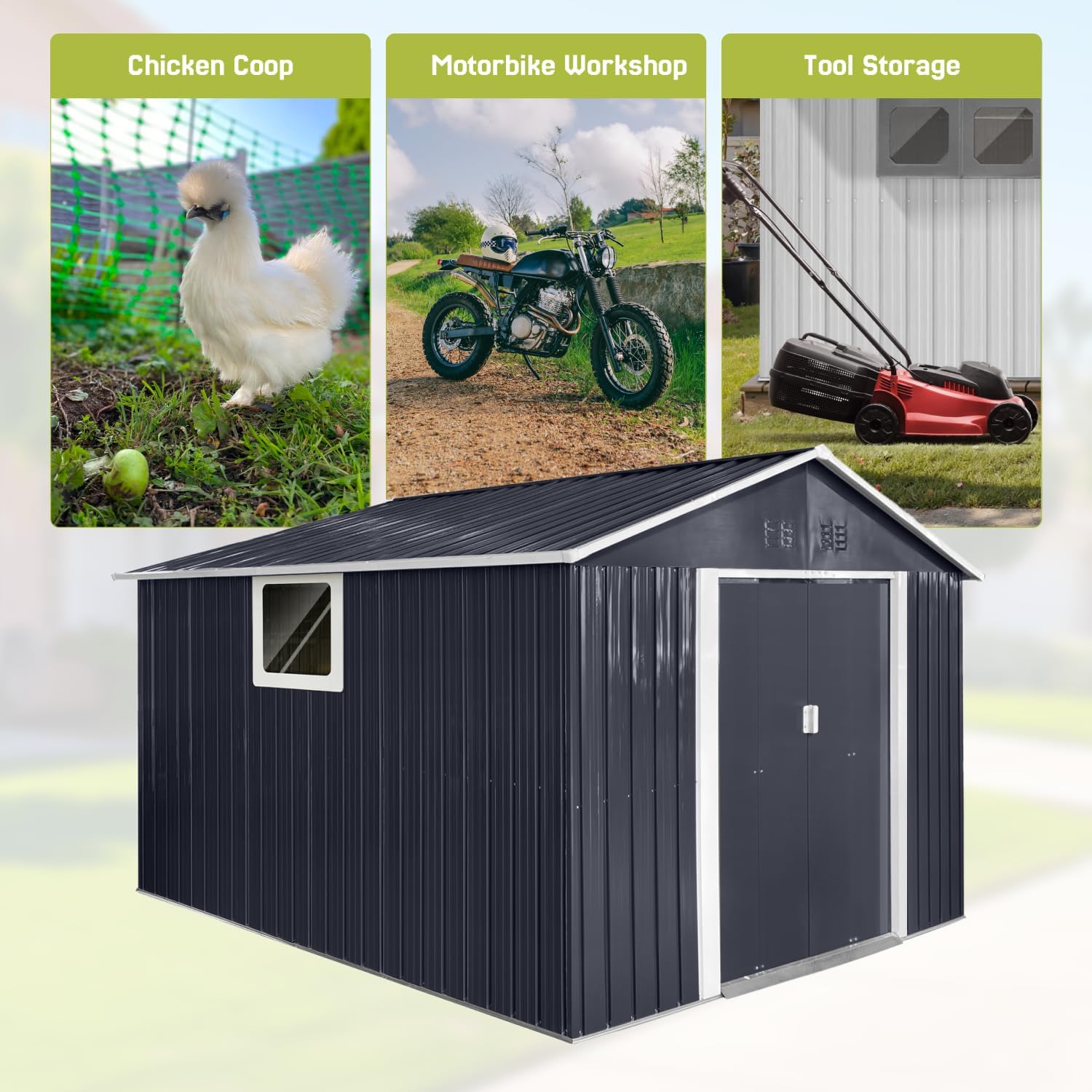 9' x 10.5' XL Outdoor Storage Shed, Sturdy Metal Building w/Windows & Lockable Doors for Garden, Backyard, Poolside and Lawn, Anthracite