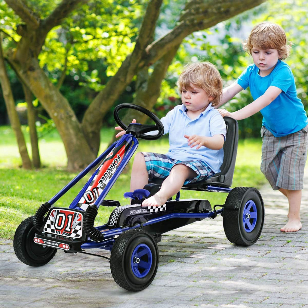 HONEY JOY Go Kart for Kids, 4 Wheel Quad Off-Road Pedal On Foot Go Cart w/Steering Wheels & Adjustable Seat, 2 Safety Brakes, EVA Tires, Clutch, Outdoor Racer Ride On Pedal Car (Blue)