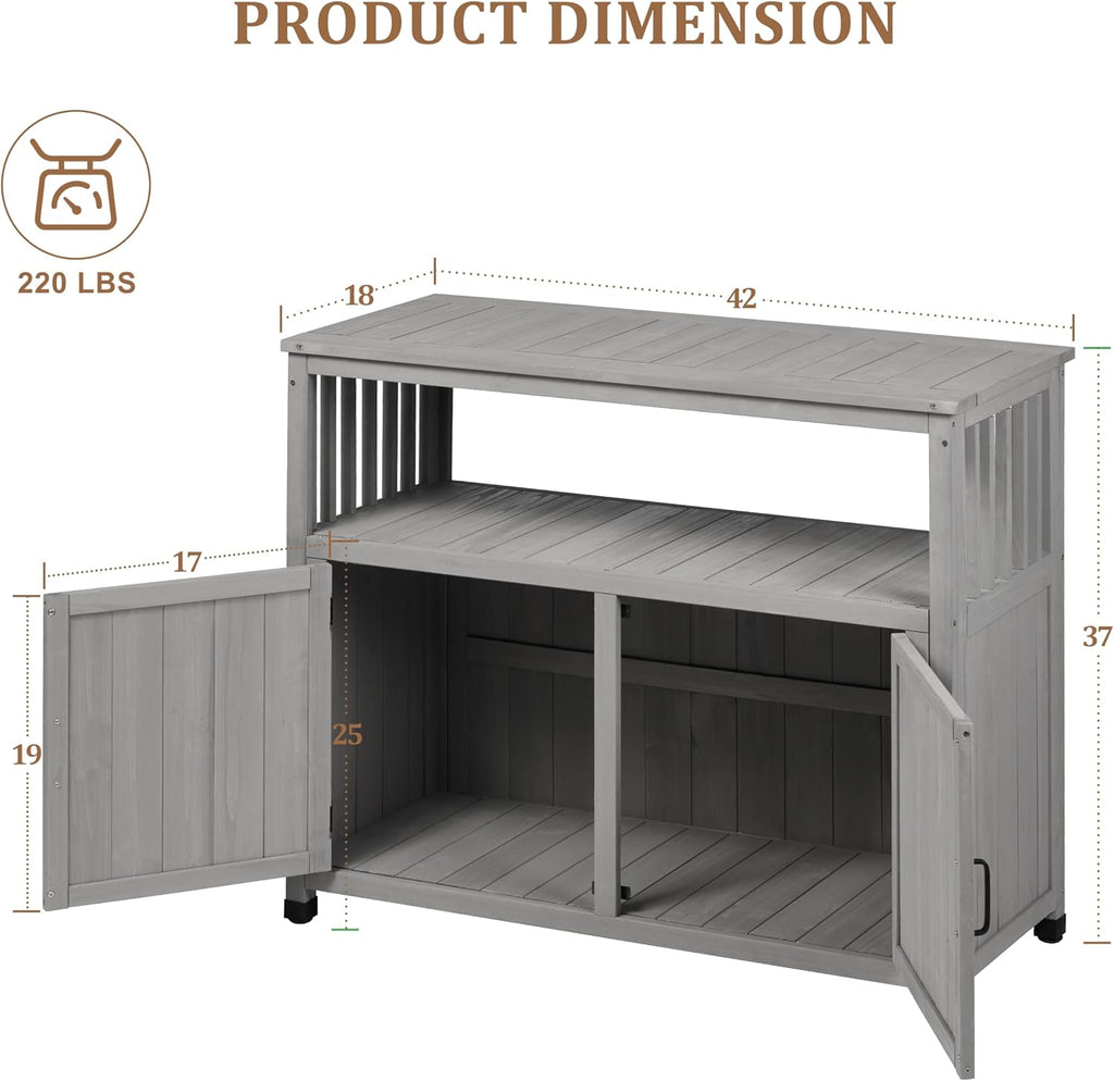 Mederlo Wooden Patio Bar Table with Storage, Cedar Outdoor Buffet Cabinet Sideboard, 42 x 18 x 37 in Serving Station with Double-Layer Tabletop for Patio, Deck, Backyard, Indoor