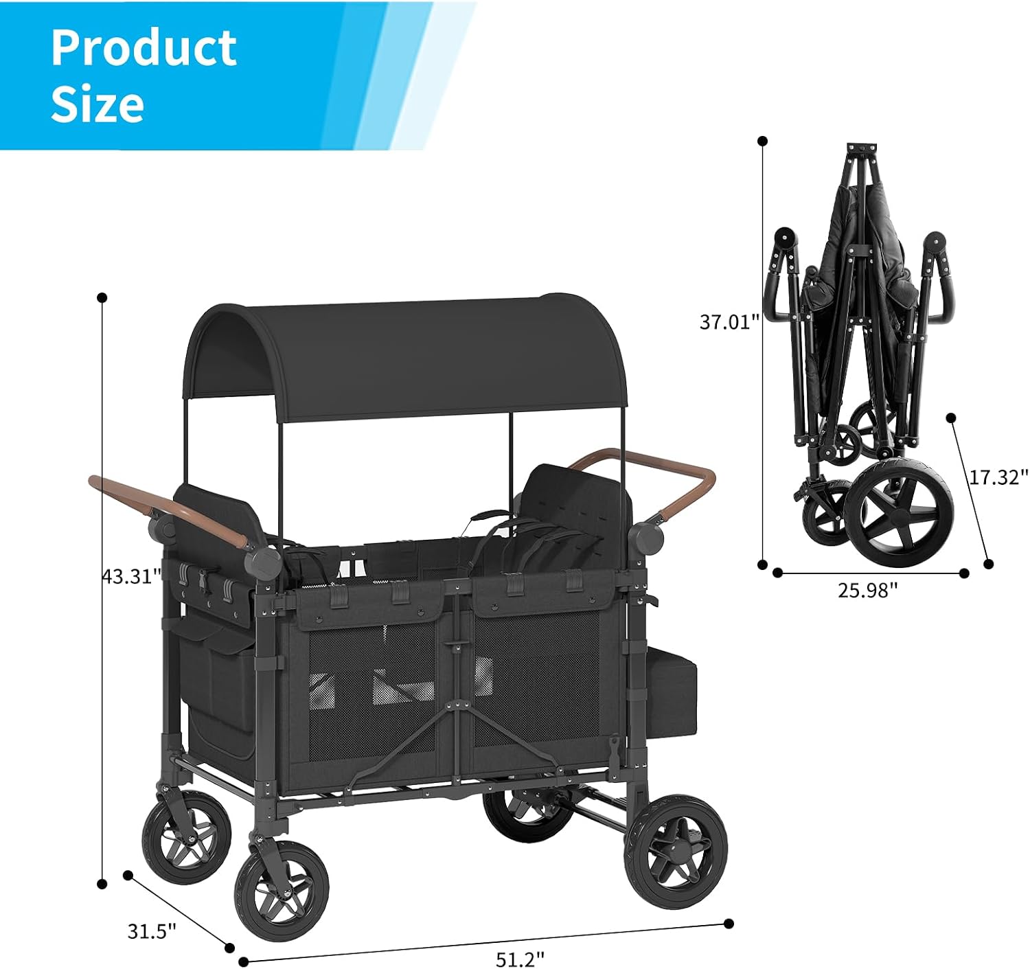 4 Seater Wagon Stroller,Foldable Stroller with Safety Belt, Puncture-Proof Tires, All-Terrain Wagon with 360° Swivel Lockable Wheels, Large Storage Bag, Canopy,51.18 * 31.5 * 43.31 in.
