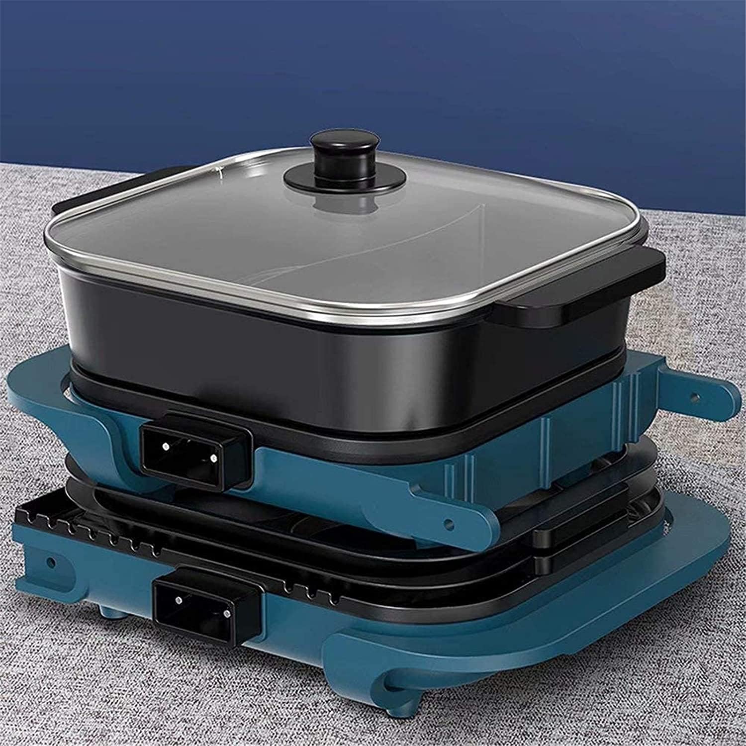 Indoor Korean Barbecue Grill Hot Pot Double Pot Electric Grill Table Grill with Lid Barbecue Hot Pot - 2200W 2 Grid 2 Flavor Non-Stick Pan Large Capacity Barbecue Indoor,Green 2,50 * 30 * 11Cm,P