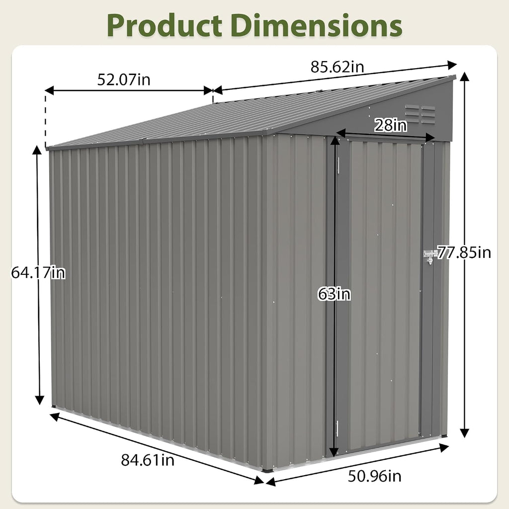 YOPTO 4x7 FT Outdoor Storage Shed,Lean to Lockable Metal Garden Shed Steel with Reinforced Beams,All Weather Waterproof Storage House W/Lockable Door&2 Air Vents,for Backyard,Patio,Lawn,Garden,Gray
