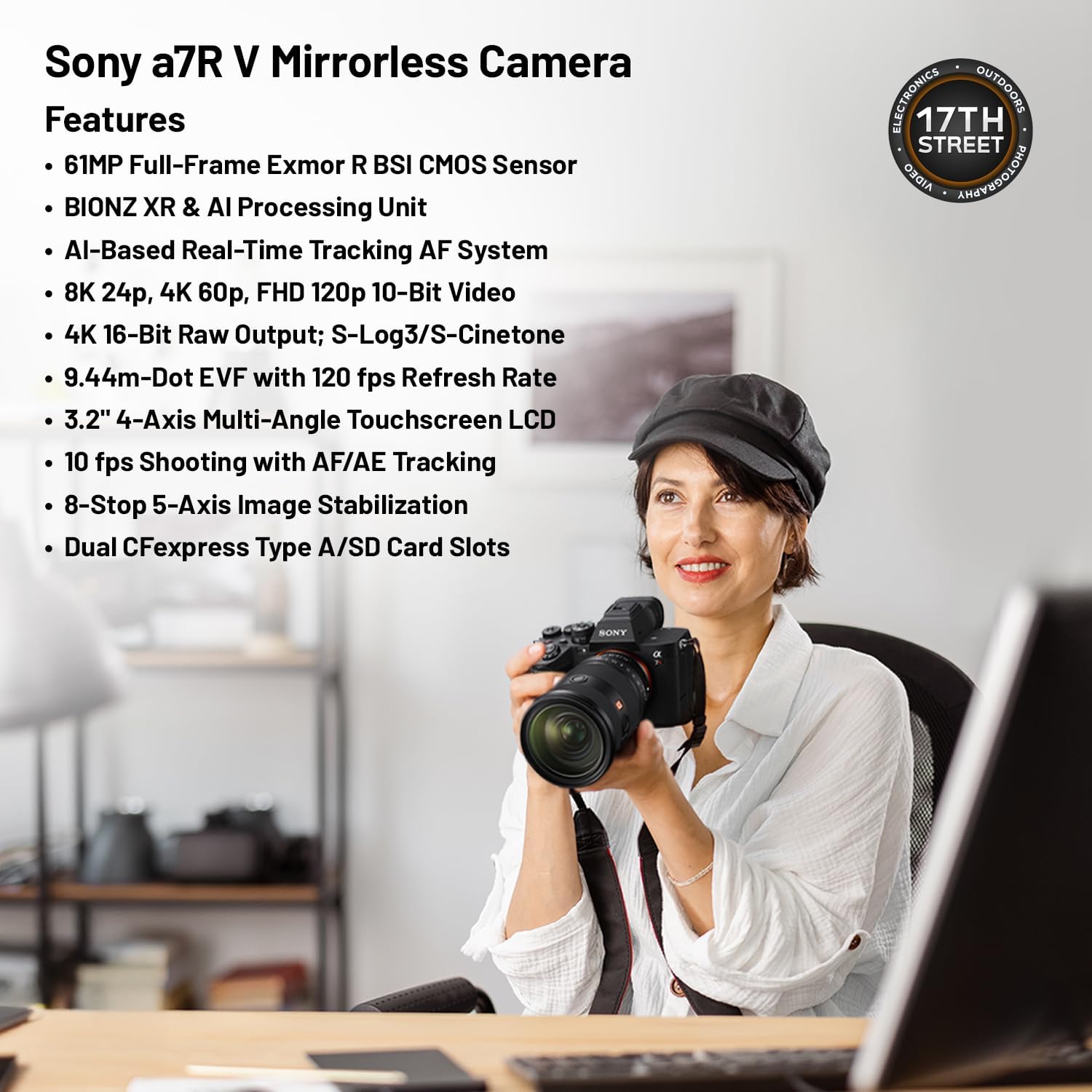 Sony a7R V Mirrorless Camera (Black) - 61MP Full-Frame Digital Camera with Batteries & Dual Charger Kit, Corel Software Kit, 128GB SDXC Memory Card & Large DSLR Bag - Essential Bundle