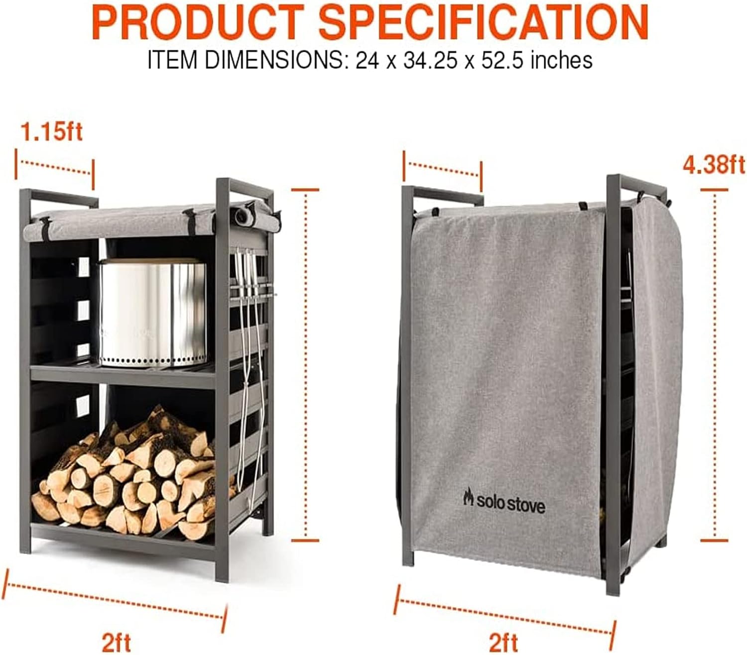 Solo Stove Station 4.4ft with UV Coated Cover Aluminum Firewood Rack for Fire Pits, Patio Logs, and Outdoor Tools Accessories, Flexible Wood Rack with Two Shelf Organization Log Rack, Grey