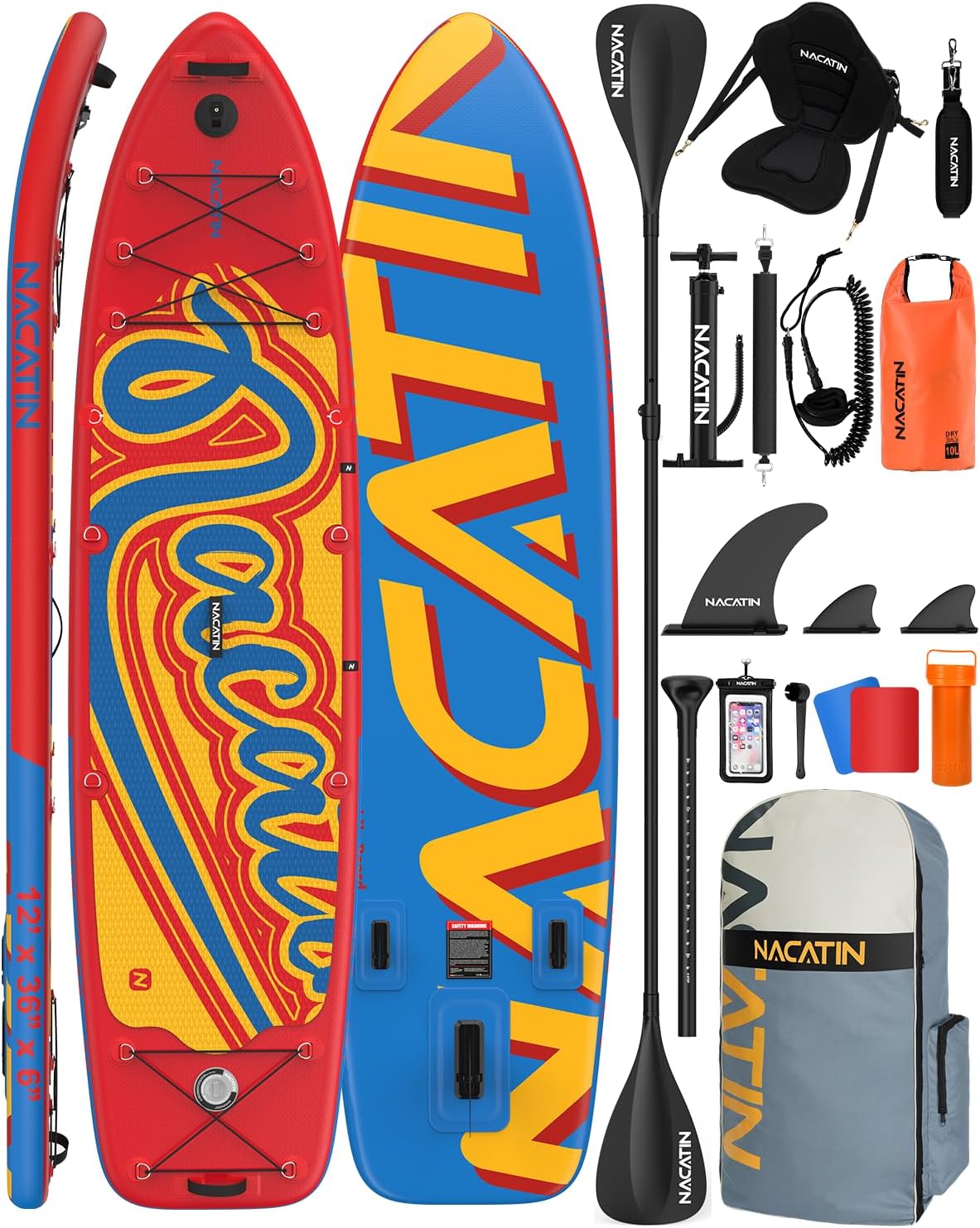 NACATIN 12'/366cm Extra Large Inflatable Stand Up Paddle Board with Seat, Wide 36'/91cm SUP Board for Adults & Family, with Single/Double Paddle, Kayak Seat, Pump, Stable Wide Deck for Beginners