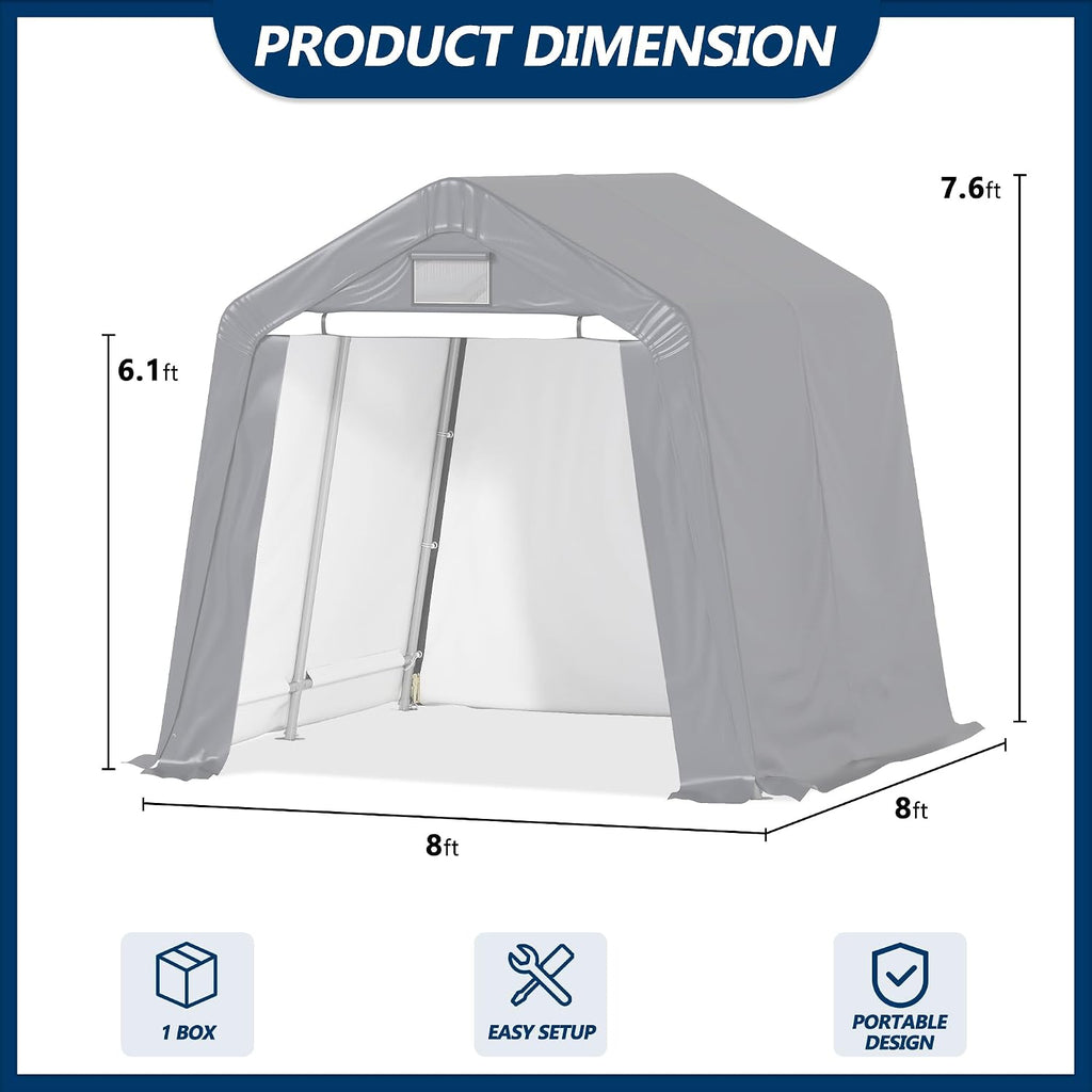 COVERONICS 8' x 8' Outdoor Storage Shed - Heavy Duty Portable Shelter Carport with Ventilation Windows and Roll-up Doors, Storage Shelter Tent for Motorcycle, Bike, Lawnmower and Garden Tools, Grey
