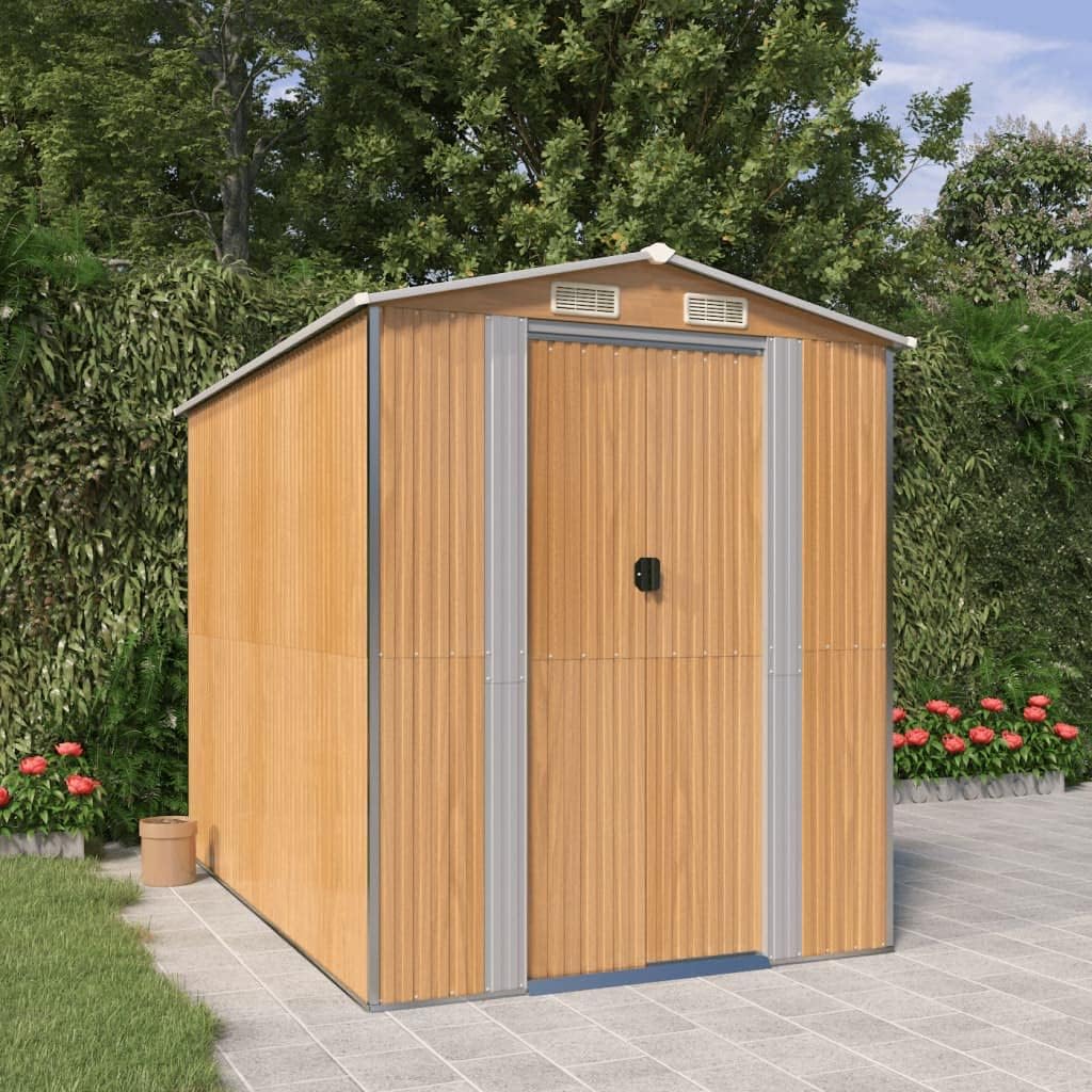 vidaXL Outdoor Storage Shed - Light Brown, Galvanized Steel, Double Sliding Doors, Ventilated, Spacious, with an Assembly Manual