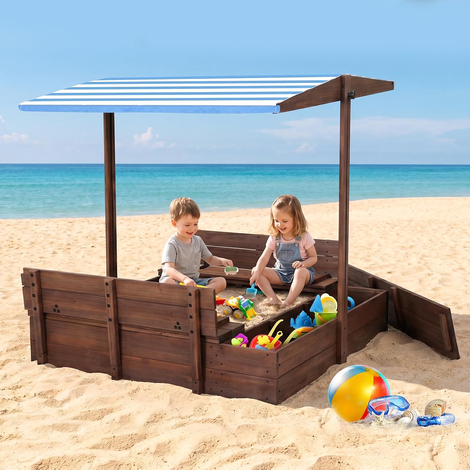 Kids' Outdoor Wooden Sandbox with Id,Sand Box with Toy Storage Box,Kids Play Equipment Sand Protection Bottom Liner Included 47X47in. (Brown)
