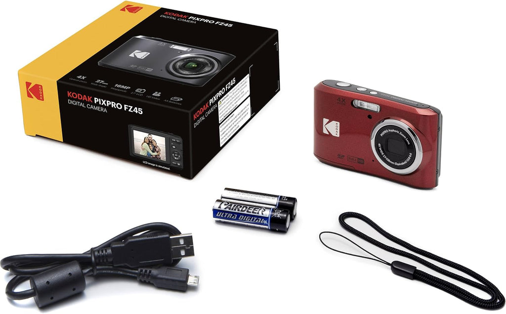 Kodak PIXPRO FZ45 16MP Digital Camera 4X Optical Zoom 27mm Wide Angle 1080P Full HD Video 2.7' LCD Camera (Red) + 64GB Card and Reader + Memory Wallet Bundle