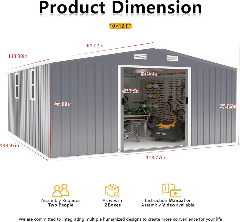10x12 FT Outdoor Storage Shed, Large Metal Garden Shed with 2 Windows, Outside Tool Sheds with Lockable Sliding Doors, Waterproof Storage Building with 4 Air Vents for Backyard, Patio, Lawn, Dark Gray
